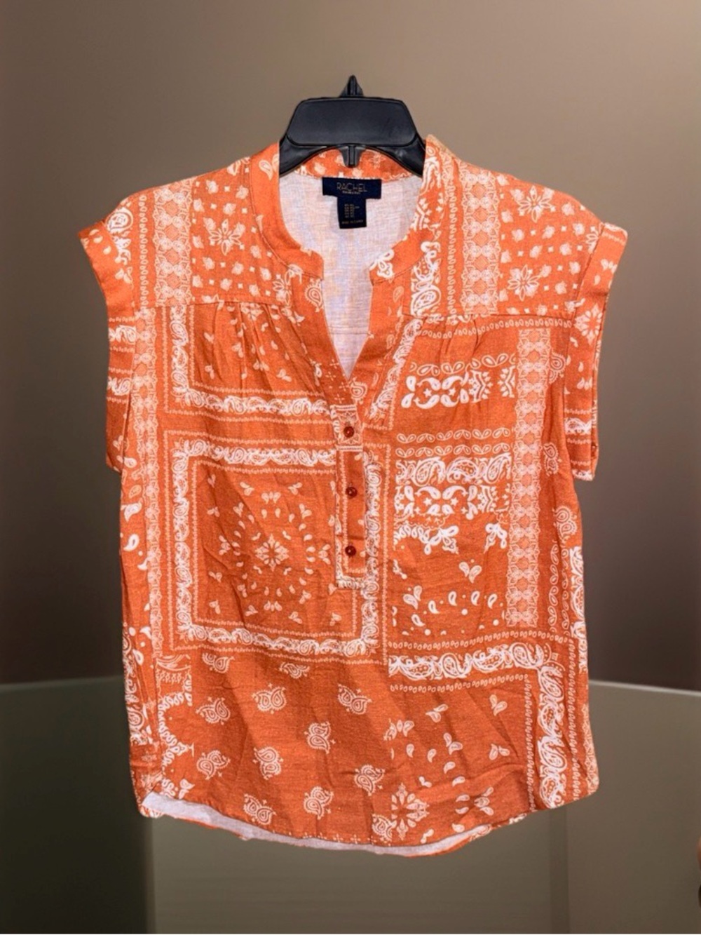 Rachel Women’s Orange Paisley Bandana Print Cap-Sleeve Blouse-XS-EC